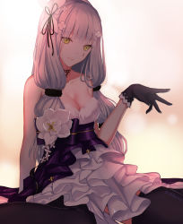 Rule 34 | 1girl, artist name, bare shoulders, black gloves, black thighhighs, bottle7, breasts, cleavage, collarbone, dated, dress, facial mark, girls&#039; frontline, gloves, green eyes, hand up, highres, hk416 (girls&#039; frontline), hk416 (starry cocoon) (girls&#039; frontline), long hair, medium breasts, official alternate costume, parted lips, sash, signature, smile, solo, teardrop, teeth, thighhighs, tsurime, white dress, white hair