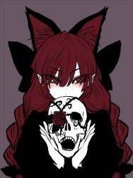 Rule 34 | 1girl, animal ears, black dress, braid, cat ears, covering own mouth, dress, extra ears, flower, kaenbyou rin, long hair, looking at viewer, miata (miata8674), pointy ears, red eyes, red flower, red hair, red rose, rose, skull, solo, touhou, twin braids, upper body