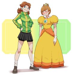 Rule 34 | 2girls, absurdres, bike shorts, blue eyes, blush, brown hair, commentary, cosplay, costume switch, crossover, crown, dress, earrings, english commentary, closed eyes, flower earrings, francisco mon, gloves, green jacket, grin, highres, jacket, jewelry, light brown hair, long hair, mario (series), multiple girls, nintendo, persona, persona 4, pleated skirt, princess daisy, princess daisy (cosplay), satonaka chie, satonaka chie (cosplay), shoes, short hair, skirt, smile, socks, super mario land, sweatdrop, white gloves, yellow dress