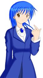 Rule 34 | 1girl, ascot, blue brooch, blue hair, blue shirt, brown eyes, business suit, diamond earrings, earrings, formal, game cg, jewelry, kioh gyoku, long hair, long sleeves, looking at viewer, lowres, milia (seihou), non-web source, seihou, shirt, smile, solo, suit, third-party source, transparent background, white ascot