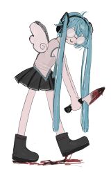Rule 34 | 1girl, ahoge, black footwear, black skirt, blood, blood splatter, bloody knife, blue hair, boots, from side, full body, glasses, grey shirt, hair ornament, hatsune miku, headphones, highres, holding, holding knife, hougetsu (moon neetcat), knife, leaning forward, long hair, opaque glasses, open mouth, pleated skirt, round eyewear, shirt, simple background, skirt, smile, solo, standing, twintails, very long hair, vocaloid, white background, white wings, wings