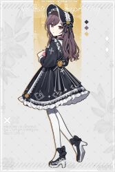 Rule 34 | 1girl, back bow, black bow, black dress, black footwear, black hat, bonnet, bow, brown eyes, brown hair, commentary, dress, footwear bow, frilled dress, frills, from behind, gothic lolita, hat, hat bow, highres, lolita fashion, long hair, long sleeves, looking at viewer, pantyhose, parted lips, project sekai, puffy long sleeves, puffy sleeves, shinonome ena, sidelocks, solo, waka (wk4444), white pantyhose