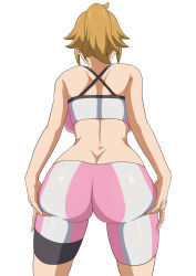 Rule 34 | 1girl, absurdres, ass, ass support, back, backboob, bike shorts, bra, breasts, butt crack, commentary, cowboy shot, from behind, gundam, gundam build fighters, gundam build fighters try, hair flaps, hands on own ass, highres, hoshino fumina, iwao178, light brown hair, medium hair, paid reward available, pink bra, pink shorts, ponytail, shorts, simple background, skin tight, solo, sports bra, standing, two-tone bra, two-tone shorts, two-tone sports bra, underwear, white background, white bra, white shorts
