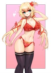 Rule 34 | 1girl, akai haato, blonde hair, blue eyes, blush, bow, breasts, cleavage, collarbone, hair between eyes, hair ornament, hair ribbon, heart, heart hair ornament, highres, hololive, large breasts, lingerie, long hair, midriff, navel, notte, one side up, open mouth, panties, red ribbon, ribbon, side-tie panties, solo, teeth, thighhighs, thighs, underwear, underwear only, upper teeth only, very long hair, virtual youtuber