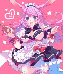 Rule 34 | 1girl, animal ears, apron, assault lily, black bow, black bowtie, black dress, blue eyes, blush, bow, bowtie, breasts, cleavage, club (shape), commentary, detached sleeves, diamond (shape), dress, dress bow, floating hair, frilled apron, frilled dress, frills, half updo, hands up, heart, highres, holding, holding pocket watch, jewelry, kemonomimi mode, long hair, looking at viewer, maid, maid headdress, medium breasts, nari (mokemokenari), official alternate costume, official alternate hairstyle, open mouth, pink background, pink bow, pink thighhighs, pocket watch, puffy short sleeves, puffy sleeves, rabbit ears, red bow, ring, sadamori himeka, short sleeves, simple background, sleeveless, sleeveless dress, solo, spade (shape), standing, teeth, thighhighs, two-tone dress, upper teeth only, waist apron, watch, white apron, white dress, wrist cuffs