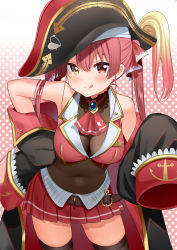 Rule 34 | 1girl, :p, absurdres, anchor symbol, arrow through heart, ascot, belt, bicorne, black coat, black hat, black thighhighs, blush, breasts, brooch, cleavage, coat, contrapposto, covered navel, cowboy shot, cropped jacket, eyebrows hidden by hair, gold trim, gradient background, hair between eyes, hair ribbon, hand on own hip, hat, heart, heterochromia, highres, hololive, houshou marine, jacket, jewelry, large breasts, leaning forward, leotard, long hair, looking at viewer, off shoulder, open clothes, open coat, pirate hat, piyopoyo, pleated skirt, polka dot, polka dot background, red ascot, red background, red eyes, red hair, red jacket, red ribbon, red skirt, ribbon, see-through, see-through cleavage, see-through leotard, skirt, sleeveless, sleeveless jacket, sleeves past fingers, sleeves past wrists, solo, thighhighs, tongue, tongue out, twintails, two-tone background, virtual youtuber, white background, yellow eyes, zettai ryouiki