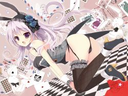 Rule 34 | 1girl, animal ears, ass, breasts, fake animal ears, fishnet thighhighs, fishnets, floating card, frilled thighhighs, frills, from side, full body, large breasts, looking at viewer, original, rabbit ears, solo, takashina masato, thighhighs, unmoving pattern, wrist cuffs