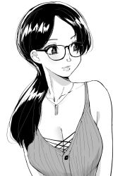 Rule 34 | 1girl, aliasing, bare arms, bare shoulders, breasts, cleavage, commission, glasses, greyscale, highres, jewelry, long hair, looking away, looking to the side, medium breasts, monochrome, norman maggot, nose piercing, nose ring, original, parted bangs, parted lips, pendant, piercing, real life, septum ring, simple background, solo, upper body, white background