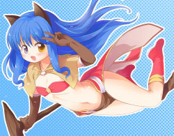 Rule 34 | 1girl, animal ears, bikini, bikini top only, blue background, blue hair, blush, boots, brown capelet, brown gloves, capelet, cat ears, commentary request, elbow gloves, emurin, flat chest, full body, gloves, halftone, halftone background, heterochromia, holding, holding staff, long hair, looking at viewer, mage (ragnarok online), majiko (emurin), midriff, navel, open mouth, outline, pelvic curtain, purple eyes, ragnarok online, red bikini, red footwear, red skirt, showgirl skirt, skirt, smile, solo, staff, swimsuit, v, white outline, yellow eyes