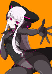 Rule 34 | 1girl, black legwear, bodysuit, collar, electro alice, hand on own chest, headgear, ken (koala), leotard, looking at viewer, miniskirt, nail polish, neon trim, orange background, original, outstretched hand, pink eyes, pink nails, sidelocks, silver hair, simple background, skirt, smile, solo, spread fingers, thighs, underwear