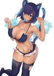 Rule 34 | 1girl, absurdres, animal ears, bikini, blue bikini, blue eyes, blue hair, blue nails, blush, breasts, cat, cat ears, cat tail, cleavage, commentary request, curvy, dark-skinned female, dark skin, flower, food, frills, highres, inushima, large breasts, lily (flower), looking at viewer, mouth hold, nail polish, navel, original, paw pose, popsicle, sarong, short hair, solo, swimsuit, tail, tan, thighhighs, white background