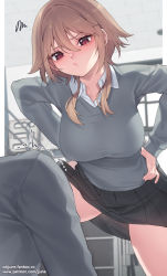 Rule 34 | 1girl, 1other, annoyed, black skirt, blurry, blurry background, blush, breasts, closed mouth, collarbone, collared shirt, commentary, depth of field, eyelashes, fanbox username, grey sweater, hands on own hips, highres, jjune, large breasts, light brown hair, long sleeves, looking at another, looking down, medium hair, open collar, original, patreon username, pillarboxed, pleated skirt, pout, red eyes, shirt, sidelocks, skirt, sweater, v-shaped eyebrows, watermark, web address