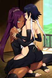Rule 34 | 2girls, bare back, black hair, black sleeves, bleach, blurry, blurry background, breasts, closed mouth, commentary, dark-skinned female, dark skin, detached sleeves, english commentary, feet, feet out of frame, fingerless gloves, gloves, highres, interracial, lindaroze, long hair, looking at another, medium breasts, multiple girls, no shoes, one eye closed, open mouth, ponytail, purple hair, shihouin yoruichi, short hair, small breasts, smile, soles, stirrup legwear, sui-feng, toeless legwear, toes, yellow eyes, yuri