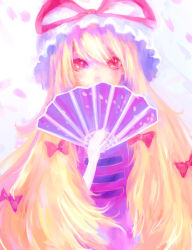 Rule 34 | 132 (bb32768), 1girl, bad id, bad pixiv id, big hair, blonde hair, bow, covering own mouth, elbow gloves, floral print, folding fan, gloves, hair bow, hand fan, hat, hat ribbon, highres, long hair, looking at viewer, mob cap, petals, pink eyes, ribbon, simple background, solo, tabard, touhou, very long hair, white background, white gloves, yakumo yukari