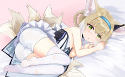 Rule 34 | 1girl, :o, animal ear fluff, animal ears, arknights, ass, bare arms, bare shoulders, blonde hair, bloomers, blush, braid, braided hair rings, choker, dress, fox ears, fox girl, fox tail, green eyes, hair rings, hairband, highres, kitsune, looking at viewer, lying, mikuning, multicolored hair, multiple tails, no shoes, nose blush, on side, parted lips, short dress, short hair, sleeveless, sleeveless dress, solo, strapless, strapless dress, suzuran (arknights), tail, tears, thighhighs, two-tone hair, underwear, white bloomers, white thighhighs