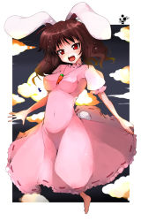 Rule 34 | 1girl, animal ears, barefoot, black hair, blush, breasts, brown hair, dress, fang, female focus, inaba tewi, ippongui, large breasts, open mouth, pink dress, rabbit ears, red eyes, short hair, smile, solo, touhou