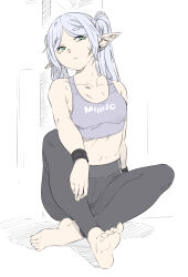 Rule 34 | 1girl, absurdres, barefoot, black bracelet, black leggings, black pants, collarbone, commentary request, contemporary, feet, frieren, full body, green eyes, grey sports bra, highres, knee up, leggings, long hair, looking at viewer, mangpum (taro109210), midriff, pants, parted bangs, parted lips, partial commentary, pointy ears, sitting, soles, solo, sousou no frieren, sports bra, sweat, thick eyebrows, toes, twintails, white background
