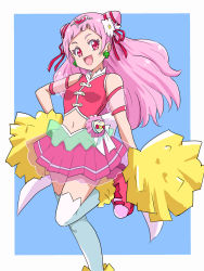 Rule 34 | 1girl, :d, boots, commentary request, cure yell, double bun, earrings, eyelashes, hair bun, hair ornament, hair ribbon, happy, highres, hugtto! precure, jewelry, long hair, looking at viewer, magical girl, midriff, navel, nono hana, open mouth, pink eyes, pink footwear, pink hair, pink vest, precure, ribbon, smile, solo, standing, thighhighs, thighs, uraki, vest, white thighhighs