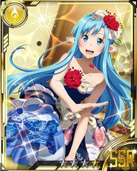 Rule 34 | 10s, 1girl, asuna (sao), asuna (sao-alo), blue eyes, blue hair, breasts, card (medium), cleavage, collarbone, dress, flower, hair flower, hair ornament, jewelry, long hair, looking at viewer, matching hair/eyes, medium breasts, necklace, open mouth, pointy ears, red flower, solo, star (symbol), strapless, strapless dress, sword art online