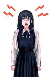 Rule 34 | 1girl, angry, black dress, black hair, bow, chainsaw man, collared shirt, cowboy shot, cross scar, dress, emphasis lines, facial scar, highres, long hair, looking at viewer, open mouth, pinafore dress, raberu ruru, ringed eyes, scar, scar on cheek, scar on face, shirt, simple background, sleeveless dress, solo, white background, white shirt, yellow eyes, yoru (chainsaw man)