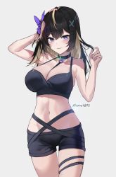 Rule 34 | 1girl, absurdres, artist name, bare arms, bare shoulders, black hair, black shorts, blonde hair, blush, breasts, butterfly hair ornament, cleavage, collarbone, cowboy shot, hair ornament, hand in own hair, hands up, highres, large breasts, looking at viewer, maanu, medium hair, multicolored hair, navel, original, parted lips, purple eyes, short shorts, shorts, smile, solo, thigh gap, thigh strap, thighs