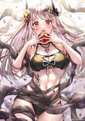 Rule 34 | 1girl, :d, absurdres, apple, arknights, bare shoulders, bikini, black bikini, blush, breasts, cleavage, collarbone, cowboy shot, flower, food, fruit, gluteal fold, hair flower, hair ornament, highres, holding, holding food, holding fruit, horns, jewelry, long hair, material growth, medium breasts, mudrock (arknights), mudrock (silent night) (arknights), navel, necklace, nyamaso, official alternate costume, open mouth, oripathy lesion (arknights), pointy ears, red eyes, red flower, see-through, silver hair, smile, solo, stomach, swimsuit, thigh gap, twitter username, very long hair, yellow flower