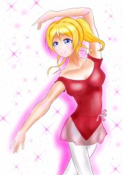 Rule 34 | 1girl, artist request, ayase eli, balance scale, bare shoulders, blonde hair, blue eyes, blush, breasts, collarbone, dress, female focus, frilled skirt, frills, hair between eyes, highres, long hair, looking at viewer, love live!, love live! school idol project, medium breasts, parted lips, ponytail, red dress, skirt, smile, solo, weighing scale, white legwear, yoshikamyu