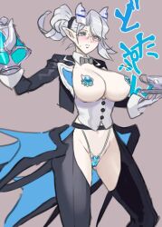 Rule 34 | 1girl, arias the labrynth butler, breasts, butler, clothing cutout, demon horns, female butler, glasses, grey hair, horns, jacket, large breasts, monocle, open clothes, open jacket, pasties, tagme, ukimukai, yu-gi-oh!