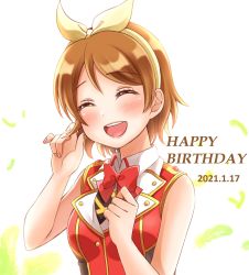 Rule 34 | 1girl, artist name, artist request, bare shoulders, blush, bokura no live kimi to no life, bow, bowtie, breasts, brown hair, collared shirt, closed eyes, female focus, hair between eyes, hair bow, hairband, highres, koizumi hanayo, looking at viewer, love live!, love live! school idol project, medium breasts, parted lips, playing with own hair, red bow, red bowtie, red shirt, rei (yuzumaru 623), shirt, short hair, sleeveless, sleeveless shirt, smile, solo, upper body, yellow bow, yellow hairband
