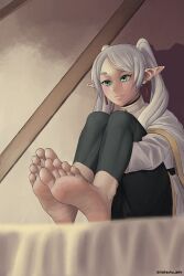 Rule 34 | 1girl, absurdres, artist name, barefoot, bed, bedroom, black leggings, boots, capelet, collared capelet, earrings, elf, eyebrows, eyelashes, feet, feet up, female focus, frieren, greek toe, green eyes, happy, highres, huge filesize, hugging own legs, indoors, jewelry, knees up, leggings, legs, long hair, long sleeves, looking down, natsuko ashi, neck, on bed, parted bangs, pendant, pointy ears, sidelocks, sitting, skin tight, smile, soles, sousou no frieren, thighs, toes, twintails, unworn boots, white hair