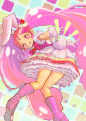Rule 34 | 10s, 1girl, ;q, animal ears, bad id, bad pixiv id, boots, bow, cake hair ornament, copyright name, cure whip, earrings, food-themed hair ornament, gloves, hair ornament, high heel boots, high heels, jewelry, jj (ssspulse), kirakira precure a la mode, knee boots, long hair, magical girl, multicolored background, one eye closed, pink bow, pink eyes, pink footwear, pink hair, pom pom (clothes), pom pom earrings, precure, rabbit ears, shoe soles, skirt, solo, tongue, tongue out, twintails, usami ichika, white gloves