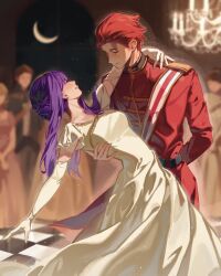 1boy 1girl arm_behind_back blurry blurry_background chandelier closed_mouth coat commentary dancing dress elbow_gloves english_commentary fern_(sousou_no_frieren) gloves hair_bun hair_slicked_back highres leaning_back long_hair military_uniform moon mumechi official_alternate_costume open_clothes purple_hair red_coat red_hair scar scar_on_face scar_on_forehead short_hair shoulder_boards sidelocks sousou_no_frieren stark_(sousou_no_frieren) tile_floor tiles uniform white_dress