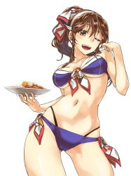 Rule 34 | 10s, 1girl, abo (hechouchou), alternate hairstyle, ashigara (kancolle), bikini, blue bikini, breasts, brown eyes, brown hair, contrapposto, cowboy shot, curry, curry rice, food, hairband, kantai collection, long hair, looking at viewer, navel, one eye closed, ponytail, rice, solo, standing, sweat, swimsuit, textless version, transparent background