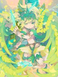 Rule 34 | 1boy, angel, angel wings, archangel michael (p&amp;d), bad id, bad pixiv id, crown, green eyes, green hair, highres, male focus, matching hair/eyes, puzzle &amp; dragons, solo, sword, tadano shiroko, weapon, wings