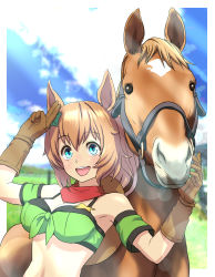 Rule 34 | 1girl, :d, absurdres, animal ears, aqua eyes, armband, bare shoulders, breasts, brown gloves, cheesecake (artist), cleavage, cowboy western, creature and personification, gloves, green armband, hair between eyes, hair ornament, highres, horse, horse ears, horse girl, large breasts, light brown hair, looking at viewer, medium hair, midriff, open mouth, real life, red scarf, scarf, smile, star (symbol), star hair ornament, taiki shuttle (racehorse), taiki shuttle (umamusume), umamusume, upper body, v