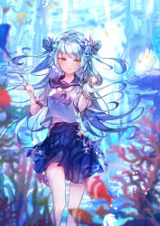 Rule 34 | 1girl, air bubble, blue hair, blue sailor collar, blue skirt, blurry, blurry foreground, blush, breasts, bubble, caustics, closed mouth, commentary request, coral, day, double bun, feet out of frame, fins, fish, fork, hair bun, hands up, head fins, holding, holding fork, holding hair, long hair, looking at viewer, midriff peek, neckerchief, ocean, orange eyes, original, otoufu (gotouhu), outdoors, pink neckerchief, pleated skirt, sailor collar, school uniform, serafuku, shell hair ornament, shirt, short sleeves, signature, skirt, small breasts, smile, solo, underwater, very long hair, white shirt