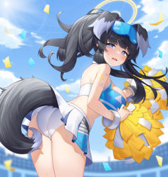 Rule 34 | absurdres, ass, bad id, bad pixiv id, black hair, blue archive, cheerleader, hibiki (blue archive), hibiki (cheer squad) (blue archive), highres, long hair, looking at viewer, millennium cheerleader outfit (blue archive), morung, official alternate costume, panties, pom pom (cheerleading), skirt, thighs, underwear, white panties
