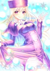 Rule 34 | 1girl, blush, capelet, coat, commentary request, cowboy shot, fate/stay night, fate (series), fur hat, hachi78b, hat, highres, illyasviel von einzbern, long hair, looking at viewer, marker (medium), papakha, purple capelet, purple coat, purple hat, red eyes, scarf, skirt, skirt hold, smile, snowflakes, solo, traditional media, white hair, white scarf, white skirt, winter clothes