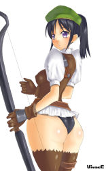 Rule 34 | ass, black hair, black panties, bow, bow (weapon), eyebrows hidden by hair, fantasy earth zero, gloves, green hat, hat, holding, holding bow (weapon), holding weapon, nagase haruhito, panties, parted bangs, ponytail, purple eyes, ringed eyes, scout, scout (fez), simple background, solo, thighhighs, underwear, weapon, white background