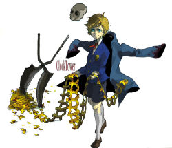 Rule 34 | 1boy, bad id, bad pixiv id, blonde hair, blood, blood on clothes, blood stain, blue eyes, buttons, clock tower (series), coat, copyright name, edward (clock tower), from side, full body, holding, kneehighs, light smile, loafers, long sleeves, looking to the side, male focus, mask, unworn mask, necktie, open clothes, open coat, paper, paper chain, piko (artist), piko (hgs), school uniform, scissorman, scissors, shoes, shorts, simple background, skull, smile, snippets, socks, solo, spoilers, standing, swept bangs, weapon