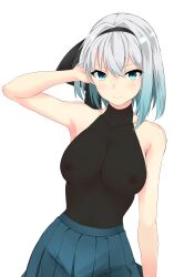 Rule 34 | 1girl, aqua eyes, black hairband, breasts, closed mouth, commentary request, green skirt, grey hair, hairband, hand in own hair, highres, konpaku youmu, large breasts, looking at viewer, pleated skirt, short hair, simple background, skirt, solo, suiu shinotsuku, touhou, variant set, white background