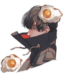 Rule 34 | 1boy, absurdres, black coat, black eyes, black hair, coat, commentary, covered mouth, cropped torso, egg (food), fatalbug896, food, food on head, fried egg, from side, high collar, highres, looking away, male focus, nichts (fatalbug896), object on head, original, portrait, profile, short hair, simple background, solo, sunny side up egg, symbol-only commentary, turtleneck, two-sided fabric, white background