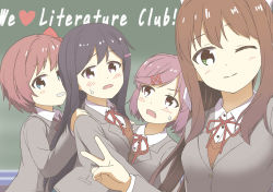 Rule 34 | 4girls, blazer, blue eyes, blush, bow, brown hair, brown vest, chalkboard, commentary request, doki doki literature club, green eyes, grey background, grey jacket, hair bow, hair ornament, hairclip, hand up, jacket, long hair, looking at viewer, monika (doki doki literature club), multiple girls, neck ribbon, open clothes, open jacket, open mouth, pink eyes, pink hair, ponytail, purple eyes, purple hair, red ribbon, ribbon, school uniform, sidelocks, simple background, smile, solo, susonofuji, teeth, upper body, upper teeth only, v, vest, white bow