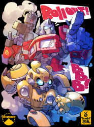 Rule 34 | autobot, blue eyes, bumblebee, bumblebee (film), chibi, clenched hands, english text, glowing, glowing eyes, highres, inaki shinrou, mecha, no humans, optimus prime, pointing, robot, speech bubble, transformers, transformers (live action)