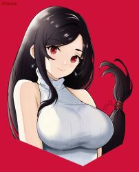 Rule 34 | 1girl, bare shoulders, black hair, breasts, casual, closed mouth, commentary, commission, cropped torso, earrings, english commentary, final fantasy, final fantasy vii, final fantasy vii remake, hakuink, highres, jewelry, large breasts, lips, long hair, looking at viewer, low-tied long hair, red background, red eyes, signature, single sidelock, sleeveless, sleeveless turtleneck, smile, solo, sweater, swept bangs, teardrop earring, tifa lockhart, turtleneck, turtleneck sweater, twitter username, upper body, white sweater