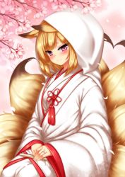 Rule 34 | 1girl, animal ears, blonde hair, blush, bride, cherry blossoms, commentary request, folding fan, fox ears, fox tail, hand fan, heart, heart tail, highres, hood, japanese clothes, jewelry, kayou (sennen sensou aigis), kimono, looking at viewer, minaha (playjoe2005), multiple tails, ornate ring, own hands together, pink eyes, ring, sennen sensou aigis, short hair, smile, solo, tail, uchikake, wedding ring
