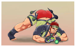 Rule 34 | 1boy, akashi (live a hero), akashi (water bullet) (live a hero), arm rest, ass, bara, baseball glove, bodysuit, butt crack, diving suit, facial hair, full body, goatee, green male swimwear, hands on ground, highres, jack-o&#039; challenge, large pectorals, live a hero, long sideburns, male focus, male swimwear, muscular, muscular male, pectorals, red eyes, red hair, red male swimwear, scar, scar on face, scar on nose, short hair, sideburns, simple background, solo, spread legs, stretching, thick eyebrows, top-down bottom-up, wetsuit, zhat art