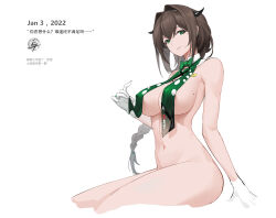 Rule 34 | 1girl, absurdres, bow, bowtie, breast curtains, breasts, brown hair, chinese commentary, chinese text, dated, detached collar, ear piercing, feet out of frame, garden01, gloves, green bow, green bowtie, green eyes, hair intakes, highres, horns, invisible chair, jewelry, large breasts, looking at viewer, mole, mole on breast, mole under eye, navel, nude, original, parted lips, piercing, ring, short hair, simple background, sitting, smile, solo, white background, white gloves, wing collar