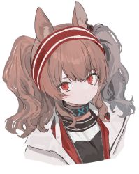 Rule 34 | 1girl, 33bun3, angelina (arknights), animal ears, arknights, brown hair, closed mouth, collar, cropped torso, fox ears, from above, hairband, highres, infection monitor (arknights), long hair, looking at viewer, looking up, portrait, red eyes, sidelocks, simple background, solo, twintails, two-tone hairband, white background