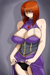 Rule 34 | 00s, 1girl, blue eyes, blush, breasts, cleavage, cleavage cutout, clothes lift, clothing cutout, dress, dress lift, forte stollen, galaxy angel, highres, large breasts, panties, red hair, solo, translated, underwear